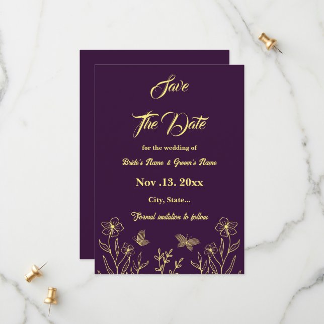Romantic elegant gold flower purple wedding save the date (Front/Back In Situ)
