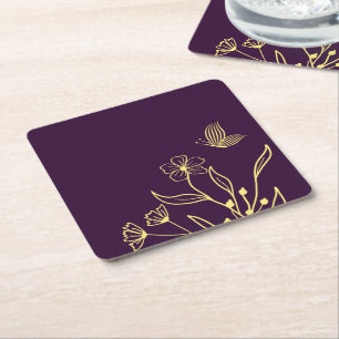 Romantic elegant gold flower purple wedding square paper coaster