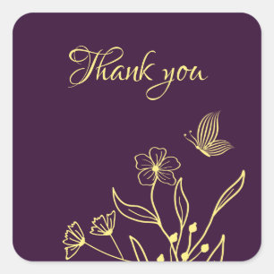 Romantic elegant gold flower purple wedding square sticker