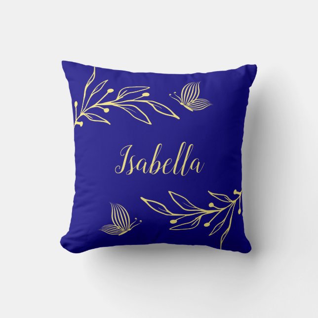 Romantic elegant gold flower royal blue cushion (Front)