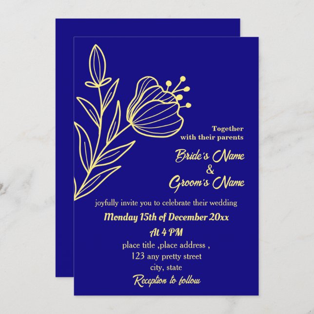 Romantic elegant gold flower royal blue invitation (Front/Back)