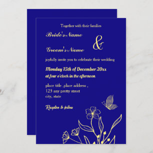 Romantic elegant gold flower royal blue invitation