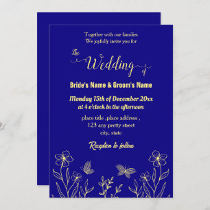 Romantic elegant gold flower royal blue invitation