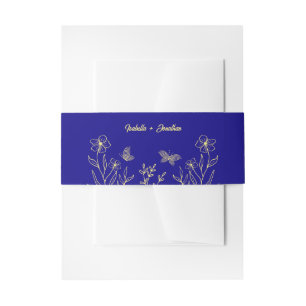Romantic elegant gold flower royal blue wedding invitation belly band