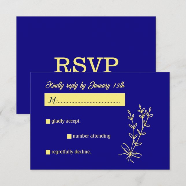 Romantic elegant gold flower royal blue wedding RSVP card (Front/Back)