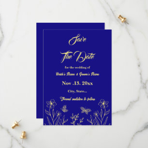 Romantic elegant gold flower royal blue wedding save the date