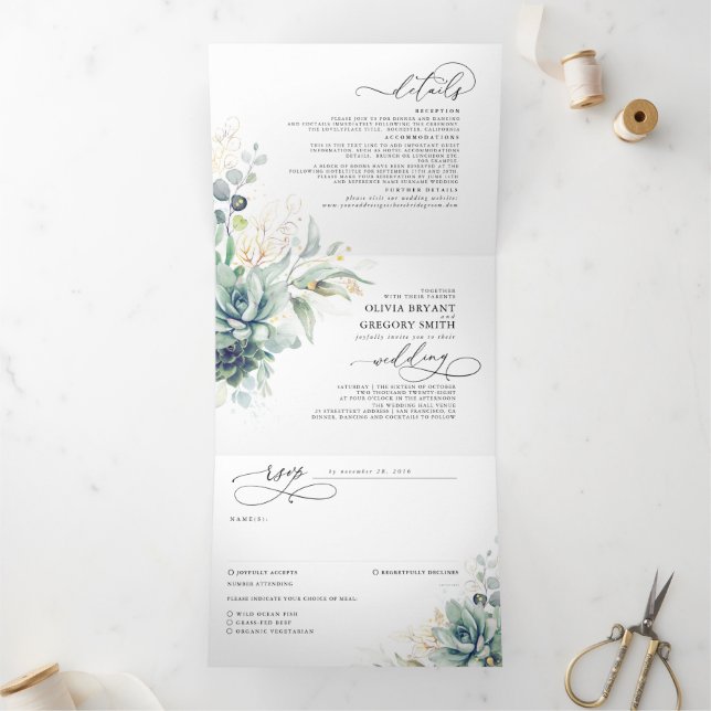 Romantic Elegant Gold Succulents Greenery Wedding  Tri-Fold Invitation (Inside)