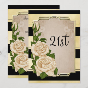 Romantic Elegant Ivory Roses Gold Framed 21st Invitation