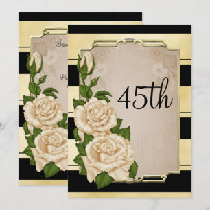 Romantic Elegant Ivory Roses Gold Framed 45th Invitation