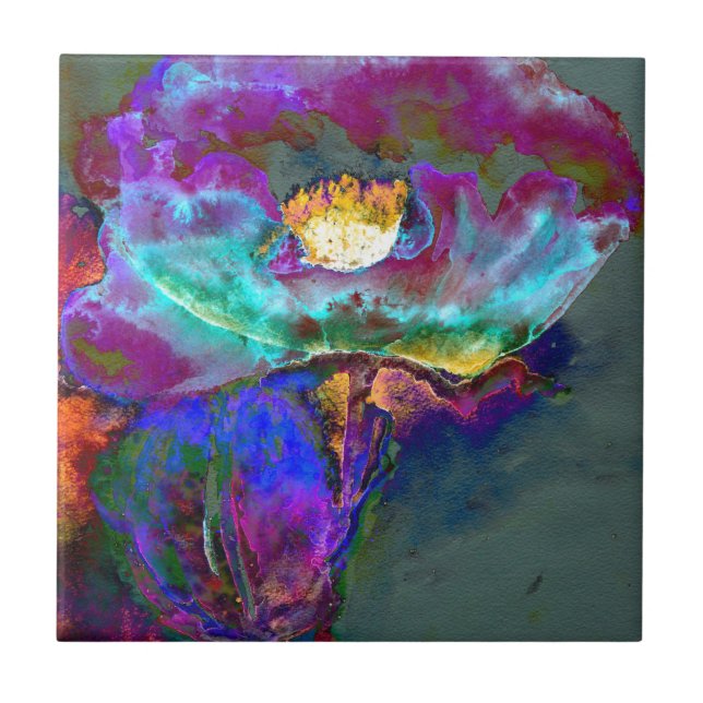 Romantic elegant purple teal flower painting ceramic tile (Front)