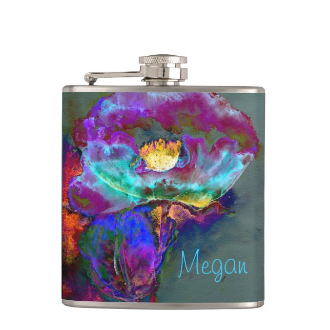 Romantic elegant purple teal flower painting hip flask (Front)
