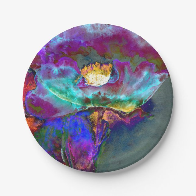 Romantic elegant purple teal flower painting paper plate (Front)