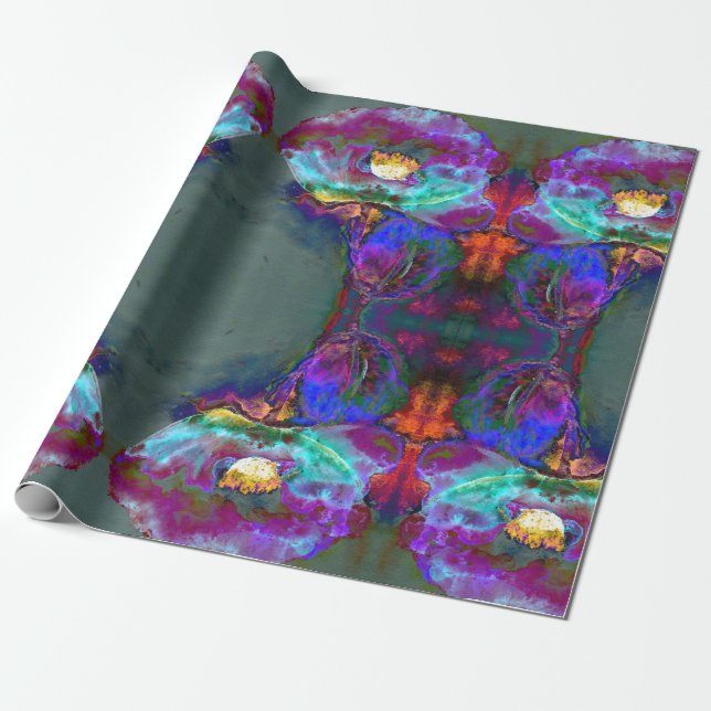 Romantic elegant purple teal flower painting wrapping paper (Unrolled)