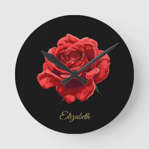 Romantic Elegant Red Rose with Golden Script Gift Round Clock