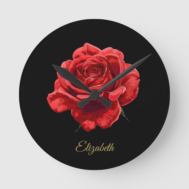 Romantic Elegant Red Rose with Golden Script Gift Round Clock (Front)