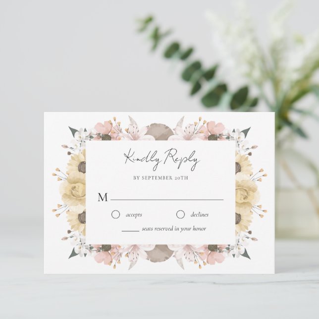 Romantic Elegant Rustic Floral Neutral Wedding RSVP Card (Standing Front)