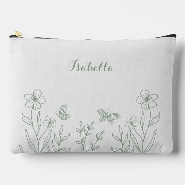 Romantic elegant sage green floral  accessory pouch (Front)