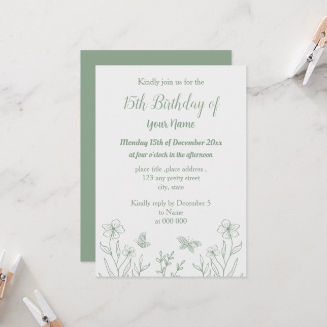 Romantic elegant sage green floral birthday invitation (Front/Back In Situ)