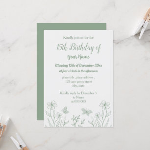 Romantic elegant sage green floral birthday invitation