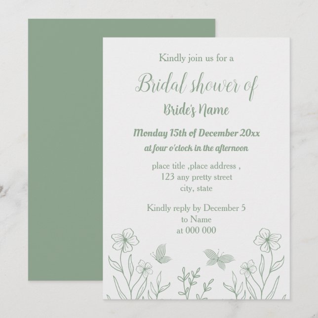 Romantic elegant sage green floral bridal shower invitation (Front/Back)