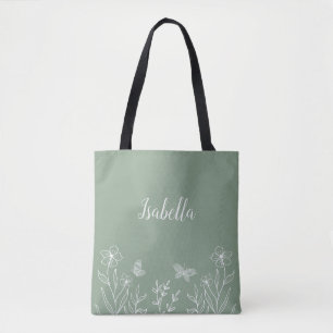 Romantic elegant sage green floral tote bag