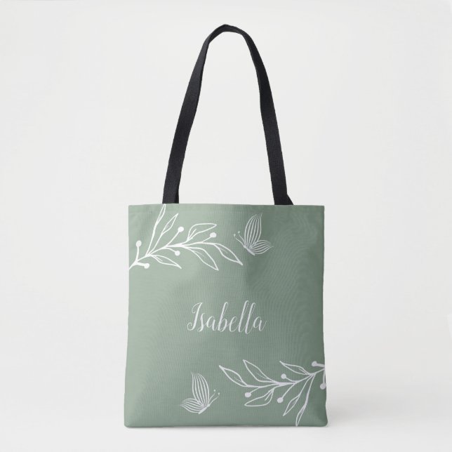 Romantic elegant sage green floral  tote bag (Front)