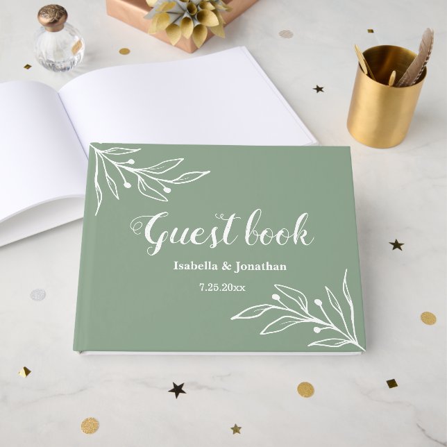Romantic elegant sage green floral wedding guest book (Front Open)