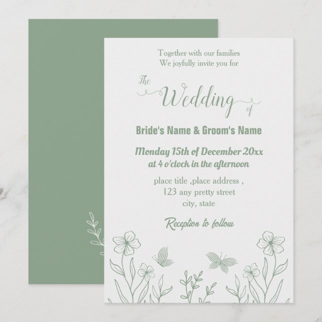 Romantic elegant sage green floral wedding invitation (Front/Back)