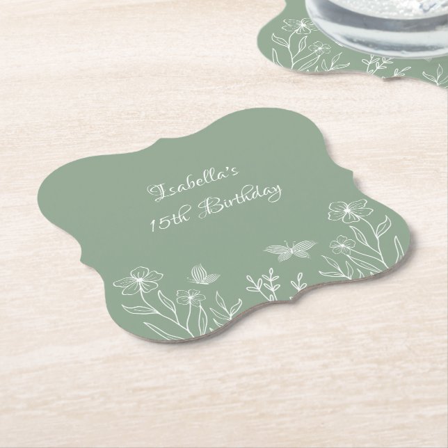 Romantic elegant sage green floral wedding paper coaster (Angled)
