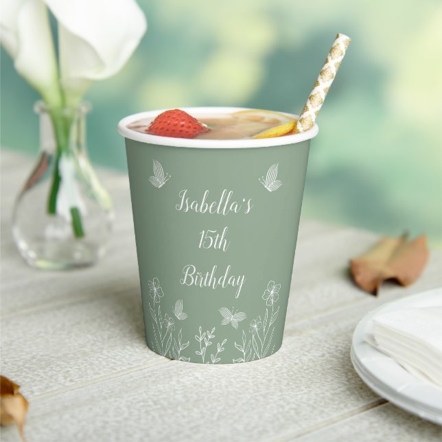 Romantic elegant sage green floral wedding paper cups (Insitu)