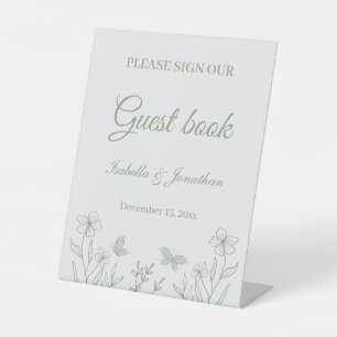 Romantic elegant sage green floral wedding pedestal sign