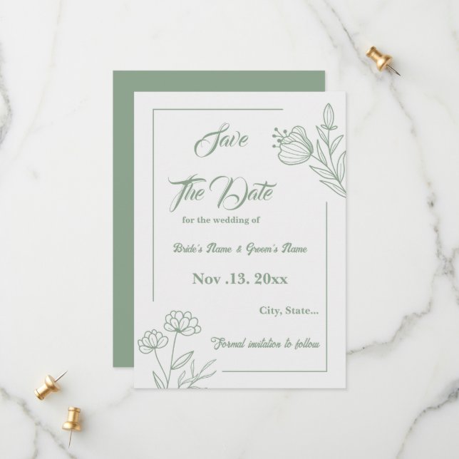 Romantic elegant sage green floral wedding save the date (Front/Back In Situ)