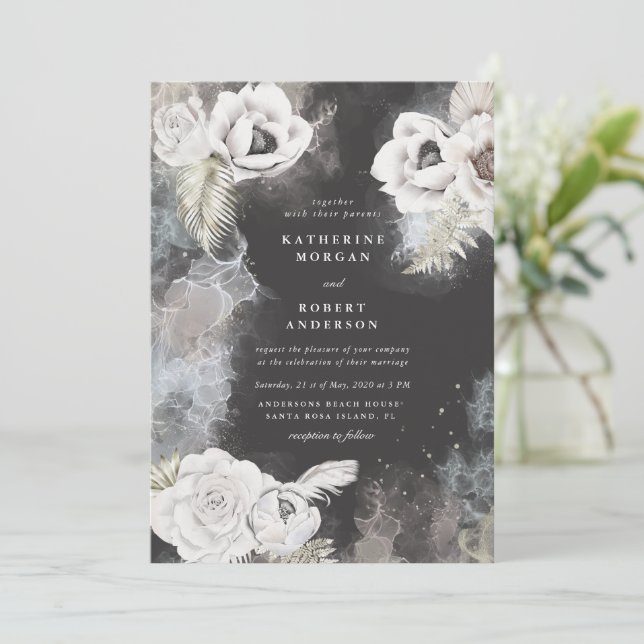 romantic elegant silver floral wedding invitation (Standing Front)