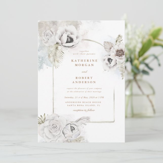 romantic elegant silver floral wedding invitation (Standing Front)