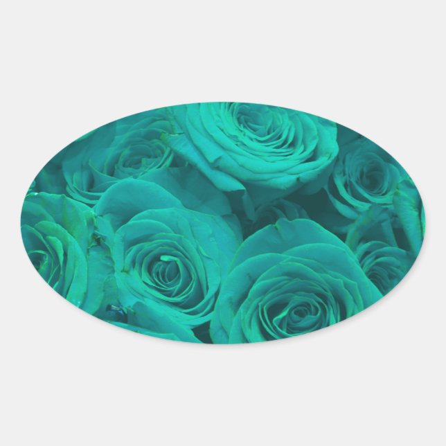 Romantic elegant teal - green  roses oval sticker (Front)