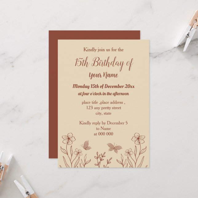 Romantic elegant terracotta floral birthday invitation (Front/Back In Situ)
