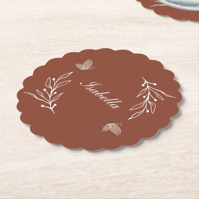 Romantic elegant terracotta floral wedding paper coaster (Angled)
