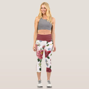 Romantic Elegant Vintage Pink English Roses Capri Leggings