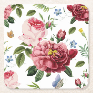 Romantic Elegant Vintage Pink English Roses Square Paper Coaster