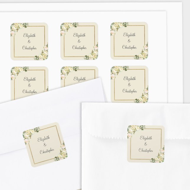 Romantic Elegant Wedding Floral Greenery Gold  Square Sticker (Romantic Elegant Wedding Floral Greenery Gold Square Sticker)