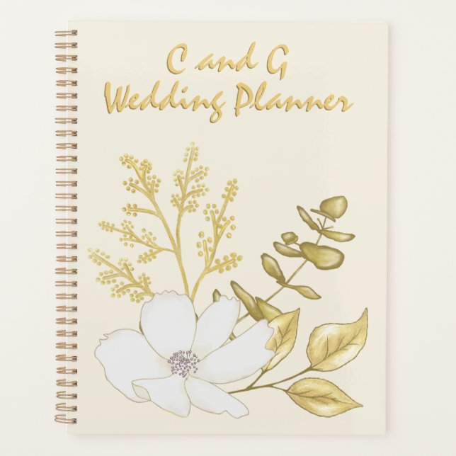 Romantic Elegant White Gold Floral Wedding Planner (Front)