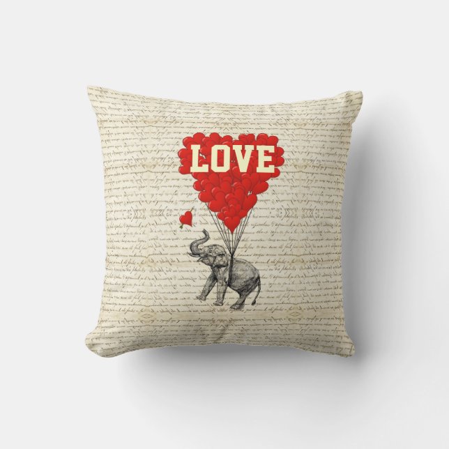 Romantic elephant and heart balloons cushion (Front)