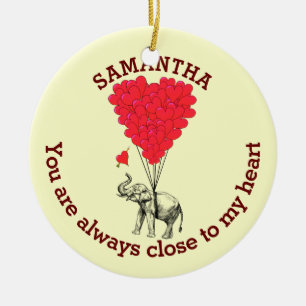 Romantic elephant and red heart personalised ceramic tree decoration