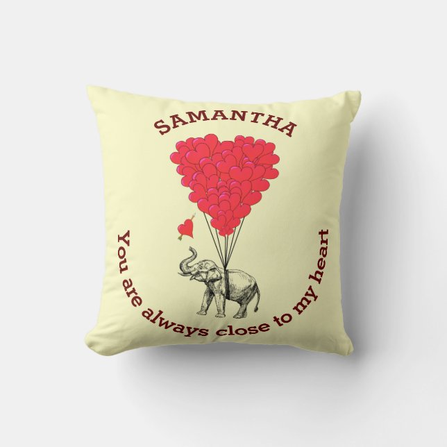 Romantic elephant and red heart personalised cushion (Front)