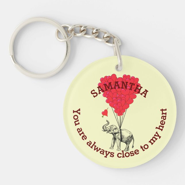 Romantic elephant and red heart personalised key ring (Front)