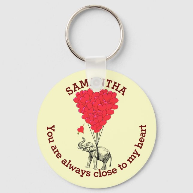 Romantic elephant and red heart personalised key ring (Front)