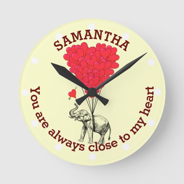 Romantic elephant and red heart personalised round clock (Front)