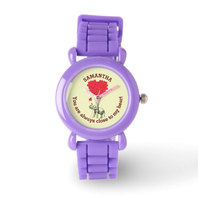 Romantic elephant and red heart personalised watch (Front)