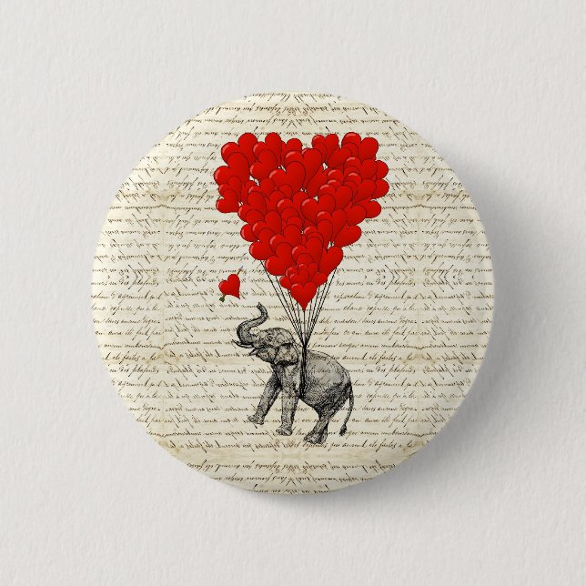 Romantic elephant & heart balloons 6 cm round badge (Front)