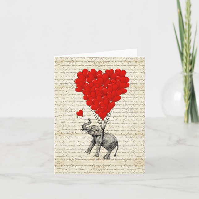 Romantic elephant & heart balloons card (Front)